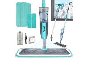 BUUROOHM spray 2 in 1 e spazzola per la pulizia delle finestre, per pavimenti in legno duro, laminato, piastrelle di ceramica, lavavetri, lavabili, specchi, con 4 e 2 panni lavabili e riutilizzabili
