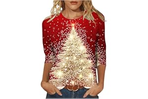 Lustig Shirt Damen Weihnachtspullover 3/4 Arm Oberteile Festliche Bluse Rundhals Weihnachtsshirt Weihnachtsmann Druck Tshirt Weihnachten Tops Leichte Tunika Langarm Weihnachtspulli