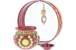 INDIABAZAAR Karwa Chauth Set Karva Chauth Thali Indian Pooja Puja Kalash Lota Chalni Channi Diya Karwachauth Diwali Traditional Combo Multicolour Decorative Husband Wife Festival Gift (Chalni Set - Design 2)