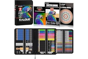 KALOUR PDAS Juego de 112 dibujos, suministros de arte profesional con cuaderno de bocetos de 3 colores y libro para colorear, neón, colores, acuarela, metálico, grafito, lápices de carbón, regalo para