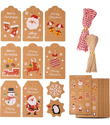 100 étiquettes Cadeaux De Noël En Papier Kraft - 10 Motifs Différents, Avec Ficelle, Pour Emballage Et Décoration