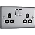 BG Electrical Double Switched Power Plug Wall Socket, Nexus Metal, Brushed Steel, Black Inserts, 13A, NBS22B