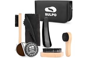 SULPO Kit pour Cirage de Chaussures - Kit d'entretien de Bottes en cuir de Voyage 8 Pièces - Leather Shoe Shine Kit With Brown/Cirage Blanc Wax, Shoe Brushes for Polishing