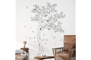 Decvictor Stickers Muraux Esquisse Grand Arbre Autocollant Mural Ligne Noire Feuilles Oiseaux Decoration Murale pour Chambre Salon Allée Bureau Canapé Fond TV Mur (H169 cm)