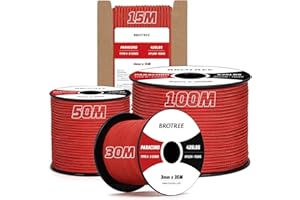 Brotree Paracord 3mm 30M Cuerda 100% Nylon Tipo II 3 Hebras Cuerda Paracord 425 para Exterior, Bricolaje - 192 kg Carga de Rotura (Rojo)