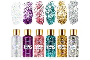 FROVETANI Body Glitter Gel, Long Lasting Body Shimmer Gel Face Glitter for Body, Face, Lip, Eye, Hair, Nails Glitter Makeup Liquid, Body Glitter Gel for Festival Art Party Halloween Makeup (6 Pack)