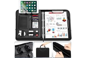 WONSEFOO Porte-documents A4, avec anneaux en cuir, porte-documents, grands compartiments, poignées magnétiques pliables, support pour tablette et smartphone, 5 compartiments pour cartes, bloc-notes