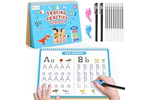 D-FantiX 4 in 1 Large Magic Groove Practice Copybook, Reusable Grooved Handwriting Workbooks, Number Alphabet Tracing Books for Kids Ages 3-8, Handwriting Practice for Kids Kindergarten Preschool