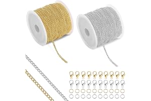 Rairsky 10m Gold Silver Chain for Jewellery Making Supplies, 2.4 mm DIY Craft Bracelet Necklace Making, Necklace Making Kit With 60 Lobster Clasps and 120 Jump Rings (Gold and Silver Each 5m)