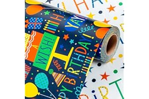 Wikadlik Carta da regalo di compleanno blu scuro, 43 cm x 10 m, mini rotolo di carta da regalo colorata con scritta "Happy Birthday", per feste e celebrazioni