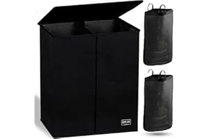 NUCAZA 145L Double Laundry Basket with Lid & Removable Laundry Bags, 2 Compartments Washing Basket for Light & Dark Clothes, Large Laundry Hamper, Collapsible Laundry Bin Storage Basket Full Black