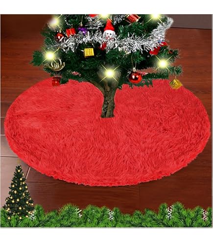 Jupe De Sapin De Noël Luxe Rouge 35.4" - Flanelle à Volants, Paillettes Dorées, Motifs Renne Et Flocons
