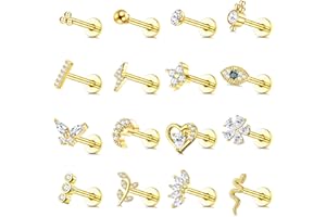 JEWEBELLA JewBella 16 Pièces 16G Boucles d'Oreilles Cartilage pour Femmes Acier Chirurgical Piercing Oreille Filetage Interne CZ Lune Coeur Piercing Tragus Helix Piercing Labret Nez Levres Piercing Oreille