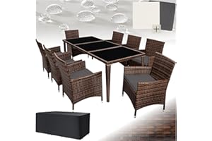 TecTake® Set Mobili da Giardino, Set Sedie da 8 e Tavolo da Giardino, Regolabile, Cuscini Morbidi, 2 Set di Rivestimenti, Copertura Antipioggia, Set in Rattan da Esterno – Nero/Marrone