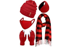 ANECO Winter Warm Sets Buffalo Plaid Scarf Knitted Beanie Hat Gloves Earloop Warm Cover for Men and Women