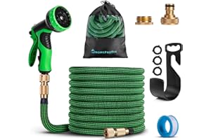 Tuyau d’arrosage extensible 15m, adaptable 1/2’’ et 3/4’’, triple épaisseur latex et embouts laiton, sac de rangement inclus vert