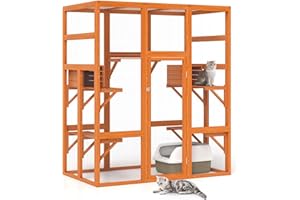 LEFLUFFY Catio Outdoor Cat Enclosure, 2-in-1 Walk-in Outdoor Indoor Large Cat House,7 Platforms & 2 Resting Box with Waterproof Roof,Accommodate Up to 6 Cats,158.5 x 82.3x 177.8 cm (Sunshine Orange, Large)