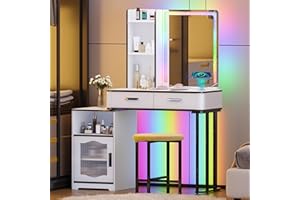 Lvifur Toletta RGB con ricarica wireless,toletta dimmerabile a sette colori con vani portaoggetti e sgabello in velluto, toletta con connessione USB TYPE-C Adatto per soggiorno camera da letto