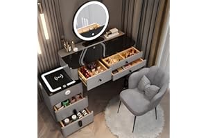 AMZSEW Dressing Table with Lighted Mirror Vanity Desk set,Makeup Table with Drawers and Stool, Vanity Set with Storage Shelves, Bedroom Dressing Tables for Girls,Gray 80cm