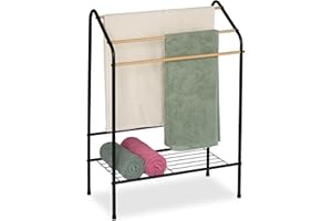 Relaxdays Handtuchhalter, 3 Stangen & Ablage, Metall, HBT: 84,5x60,5x31 cm, freistehend, Duschtuchhalter, schwarz/Natur