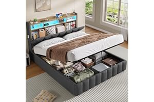 KIMENICH Lit Coffre 140 x 190 à LED, Lit Hydraulique avec Étagères Ouvertes et Rangement Caché en Tête de Lit Capitonné, lit 2 Personnes avec Lattes en Bois, Lits 140 x 190 avec Sommier en Lin Gris