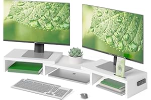 BONTEC Elevador Monitor de Madera para Doble Monitors, Soporte Monitor Escritorio con Smartphone Holder, Madera Soporte para Monitor Escritorio de Longitud Ajustable y Giratorio Ángulo (Blanco)