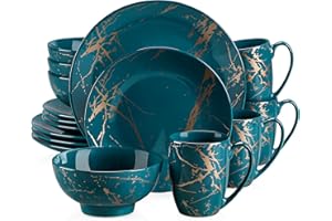 LOVECASA 'Daphne', 16 Pieces Porcelain Dinner Set Color Glaze with Gold Plate Crockery Set Kitchen Dinnerware Set with Dinner Plates, Dessert Plate, Bowls and Mugs, Service for 4, Dark Green