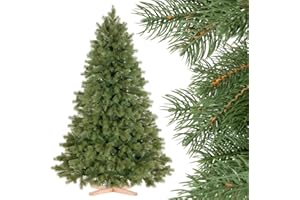 FairyTrees árbol de Navidad Artificial 150cm PICEA Real Premium con el Soporte de Madera| Árbol Artificial con Elementos realistas Moldeados por inyección| Fabricado en EU