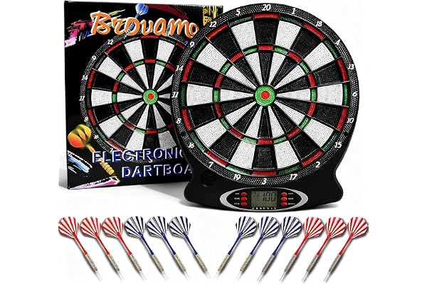 Brovamo Jeu de Flechette Electronique Adulte, Cible Flechette Electronique avec 12 Fléchettes et 30-Pointe Flechette Plastique, Jeux de Flechette Electronique avec écran LCD, Alimenté par Batterie