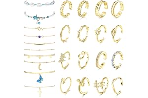 Adramata 26 Stück Fußkettchen für Damen Zehenringe Set Schmetterling Schlangen Fußkette Muschel Fußkettchen Blume Böser Blick Verstellbare Offene Zehenringe Silber Gold Strand Sommer Fußschmuck