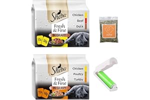 Wet Cat Food Bundle Contains Sheba Fresh and Fine in Gravy with Poultry, Beef, Duck, Turkey, Chicken (2x15 Pack - 30 Pouches in Total) and a Ubipet Lint Roller and Catnip
