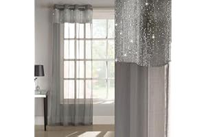 Tyrone Textiles Ltd Tiffany Glitter Diamante Trim Voile Panel with Eyelet Header (Grey/Silver, Drop - 54" (137cm))
