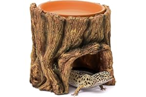 Cididu Reptile Hide Cave Resin, 2 in 1 Reptile Hideout Cave and Food Tray, Reptile Shelter with Detachable Food Bowl, Leopard Gecko Keeper Habitat Help Shedding for Amphibian, Snake, Lizard, Turtle