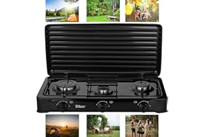 Zilan Fornello a gas a 3 fuochi, adatto a 30/50 mbar, piano cottura a gas, coperchio rimovibile, 3 fiamme, fornello a sgabello
