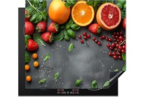 KitchenYeah© Protection Plaque Cuisson Deco Cuisine Cache Induction 59x52 cm Protege Pour Cuisiniere Protection Fruits - Béton - Orange - Fraise