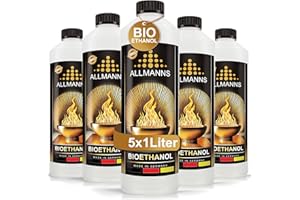 Allmanns Bioethanol 5 x 1l 100% | Bio Ethanol 100 Prozent | Reiner Bioalkohol geeignet für Indoor & Outdoor | ideal für Tischkamin Tischfeuer Kaminofen Feuerstelle Feuersäule