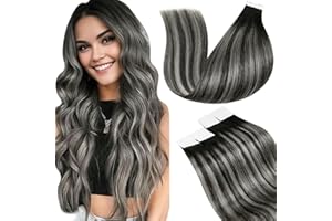 ‎LAAVOO LaaVoo Echthaar Extensions Tape 60 cm Ombre Schwarz Extensions Tape Echthaar Invisible Tape in Haarverlängerung Echthaar Schwarz Balayage Silber Glatt 50G 20PCS #1b/s/1b