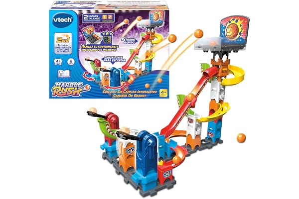 VTech - Marble Rush basketkorg, byggleksak och kulkrets, roterande katapulter, 41 st, 6 bollar, present barn +4 år, ESP-version