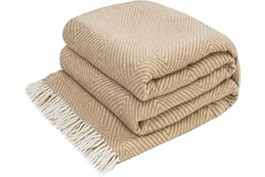 ‎LOVEYOUHOME LYHome Merino Decke - Kuscheldecke Tagesdecke Sofa Wolldecke, Blanket Überwurfdecke Sofadecke Wohndecke, Flauschige Couchdecke Merinodecke, Flauschig Warm Plaid (140x200 cm | Beige mit Weiß Rauten)