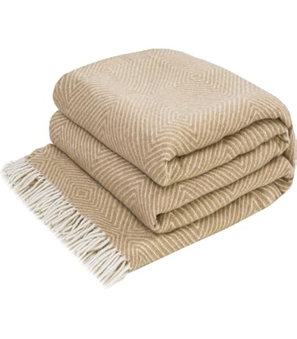 Linen & Cotton Wollen Deken Multifunctionele Sprei Bedsprei Alaska met Ruitpatroon - 100% Nieuw-Zeelandse Wol, Mosterd Geel (140 x 220 cm) Bankdeken Plaid Bed Bank Tweepersoons Dekbed Winterdekbed