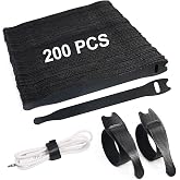 Redamancy 200 Pieces Black Reusable Cable Ties, Adjustable Ties with Nylon Hook and Loop, Cable Organizer for Cable Managemen