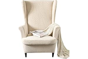 GKXLH Wingback Chair Covers 2 Piece Set - 2 IN 1 Design Armchair Covers Solid Soft Wing Back Chair Cover Stretch Wing Chair Slipcover Furniture Protector for Living Room Bedroom Hotel (Beige)