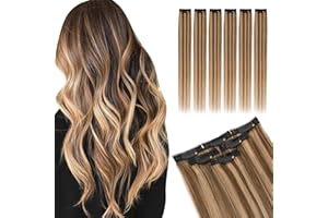 Elailite Hair Extensions Clip In Real Human Hair Remy Single Clip Double Weft 6 Pcs Seamless Highlights Hairpieces Straight - #4/27 Medium Brown Mix Dark Blonde - 10 Inch 31g