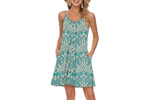 WNEEDU Womens Summer Dress Spaghetti Strap Dresses Beach Cover Ups Casual V Neck Mini Sundress with Pockets