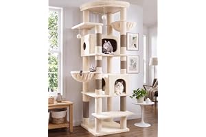 Globlazer Kattträd beige stort högt 188 cm med 2 katthus stort, plattformsfodrade, 2 kattkorgar mjuka, plyschkattleksaker, stabilt klösträd mot fall för stora katter 5 kg + (S74