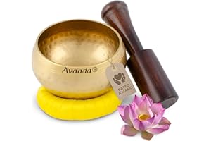 AVANDA Set di ciotole tibetane per yoga, meditazione e rilassamento - Ciotola tibetana martellata Ø 10 cm, mazzuolo in legno di mango e cuscino ad anello giallo