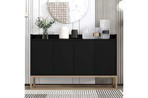 KecDuey Cassettiera, credenza con gambe in metallo dorato, 120 x 30 x 80 cm, moderna credenza in stile minimalista, 4 porte, senza maniglie, per sala da pranzo, soggiorno, cucina (nero)