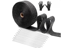 GLKEBY 15M Motorcycle Exhaust Heat Wrap, Heat Preservation Anti-Scalding Flame-Retardant Cintura in tessuto di vetro nero, Automobile Exhaust Heat Strap Roll, con 17 fascette in acciaio inossidabile + guanti