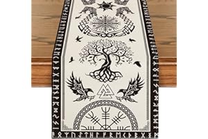 ARTOID MODE Artoid moda camino de mesa blanco, diseño de árbol vikingo de la vida, diseño de cuervo con casco de reverencia, decoración de mesa de temporada, decoración para interiores, vacaciones, fiestas, 40 x