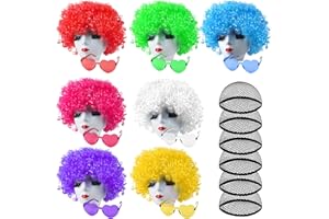 ELECLAND 7 Pezzi Parrucche per Feste 7 Pezzi Set di Occhiali da Sole e Cuffia per Parrucca, Parrucche Afro Ricce Neon Pacchetto